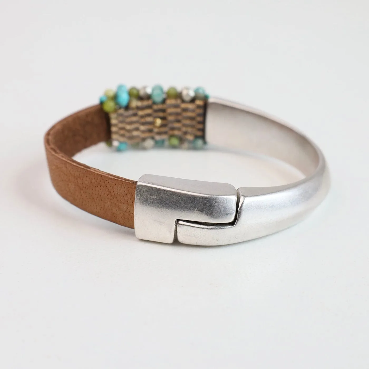 Hand Stitched Green Opal, Amazonite, & Silver Cube 1/2 Cuff