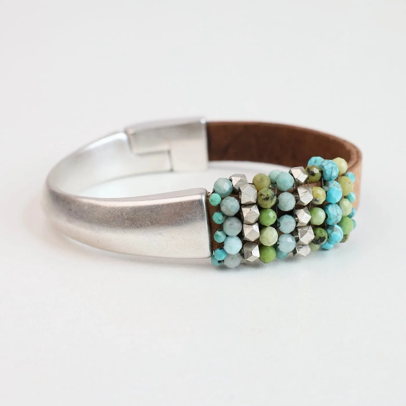 Hand Stitched Green Opal, Amazonite, & Silver Cube 1/2 Cuff