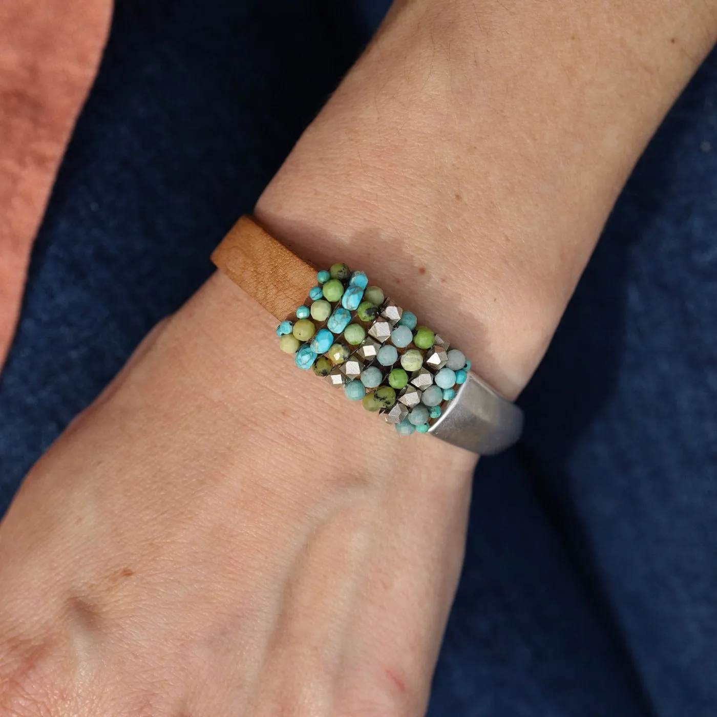 Hand Stitched Green Opal, Amazonite, & Silver Cube 1/2 Cuff