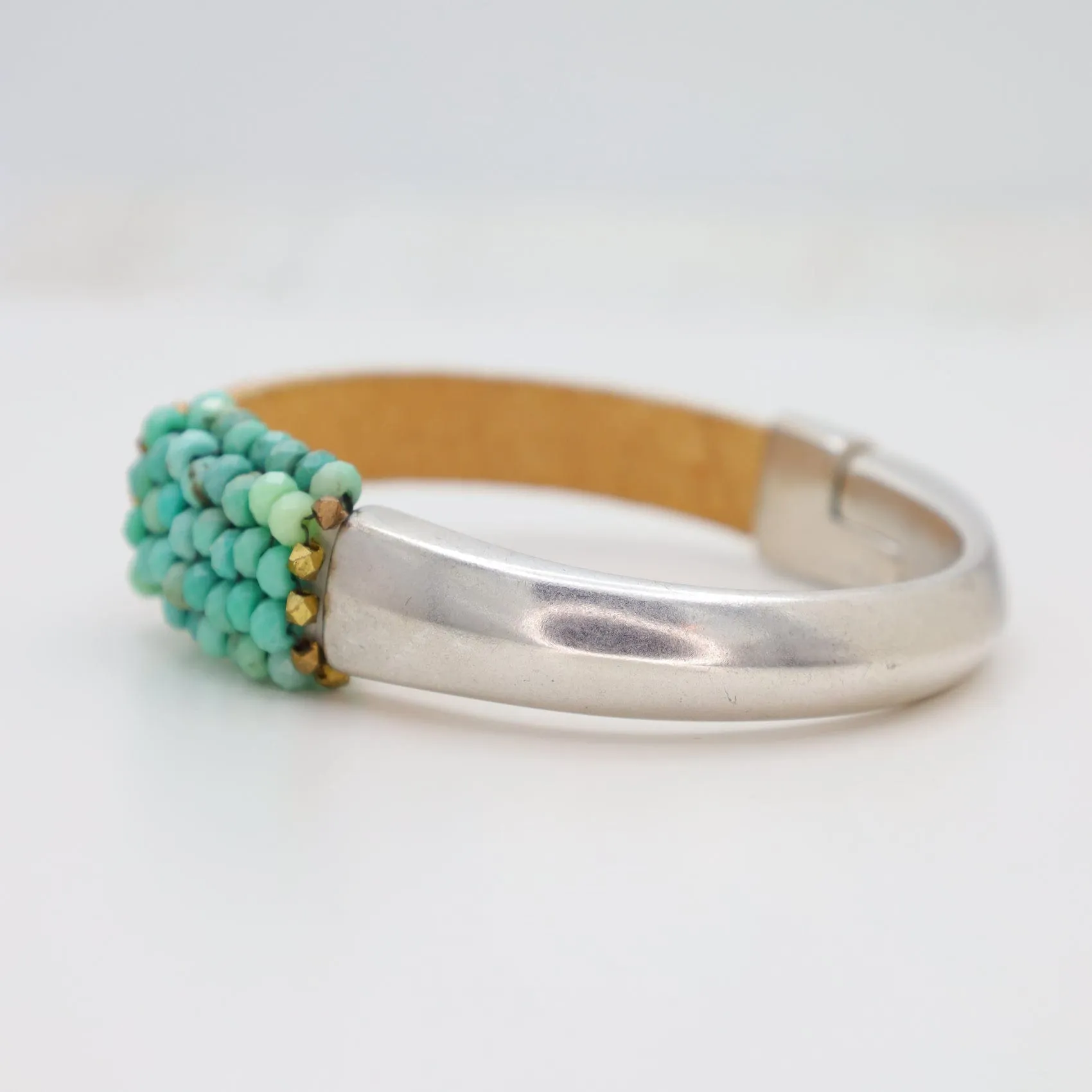 Hand Stitched Moss Green Opal & Small Brass Nugget Bracelet