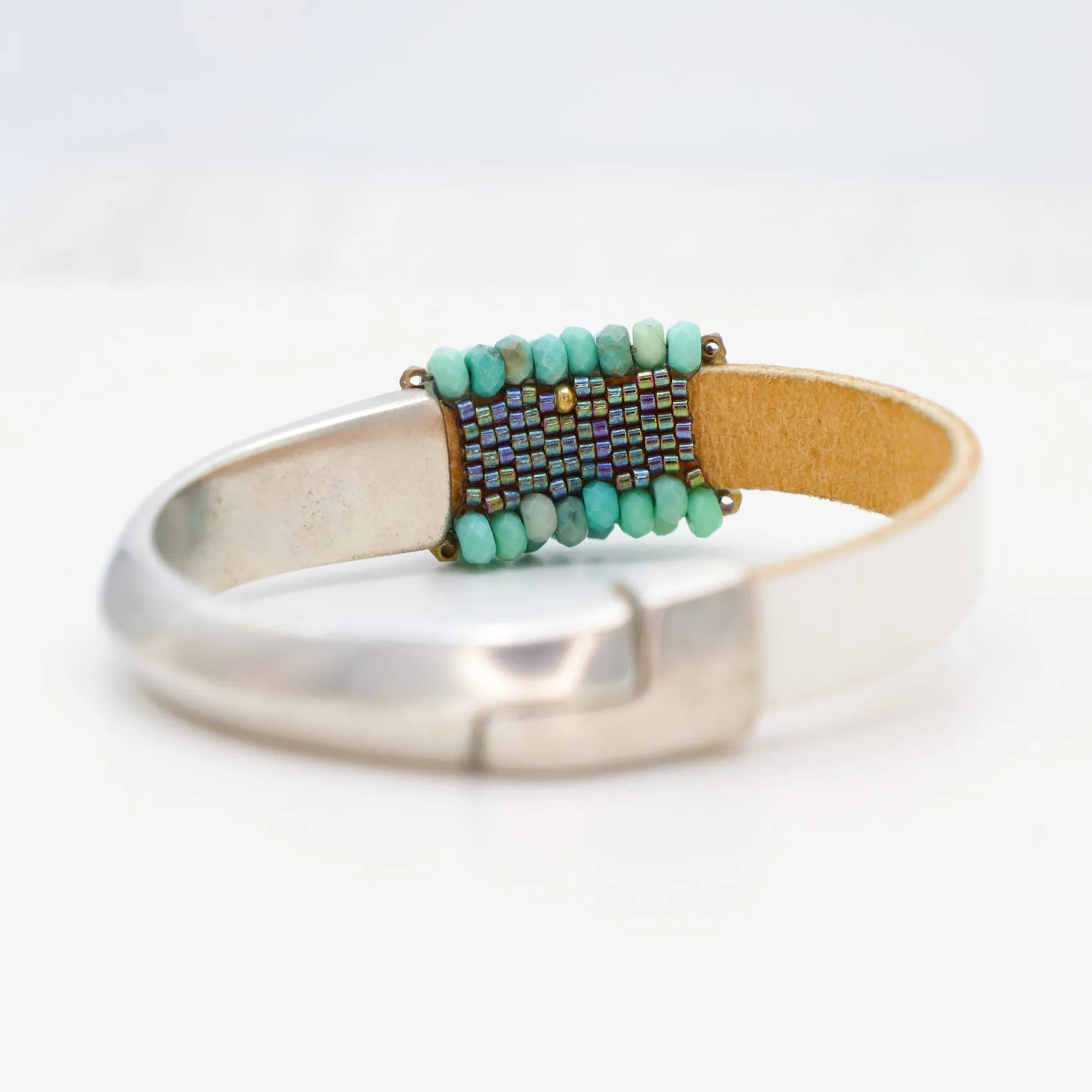 Hand Stitched Moss Green Opal & Small Brass Nugget Bracelet