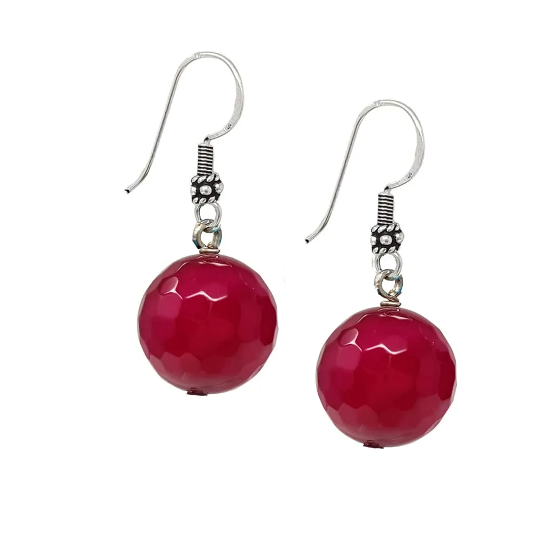 Handmade 925 Sterling silver 14mm Faceted Pink Agate Dangle Drop Earrings