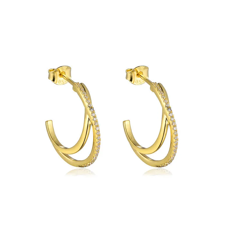 Hollow Moon Shape with Zircon Silver Studs Earrings for Women