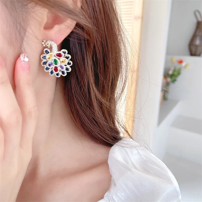 hot sale light luxury fashion jewelry colorful zircon inlaid peacock earrings