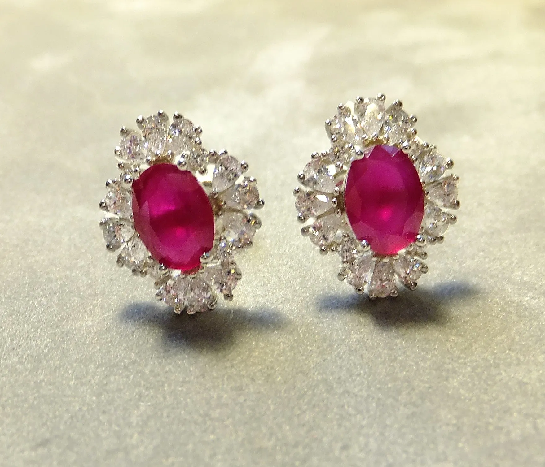 Indian Ruby And White Topaz Gemstone Stud  Earrings
