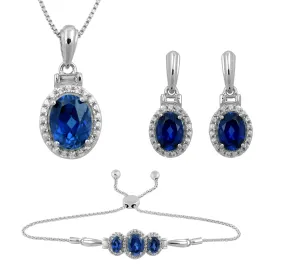 Jewelili Sterling Silver with 8x6MM 7x5MM and 6x5MM Oval Shape Created Ceylon Sapphire with Baguette and Round Created White Sapphire Bolo Bracelet Dangle Earrings and Pendant Necklace, 18" Box Chain