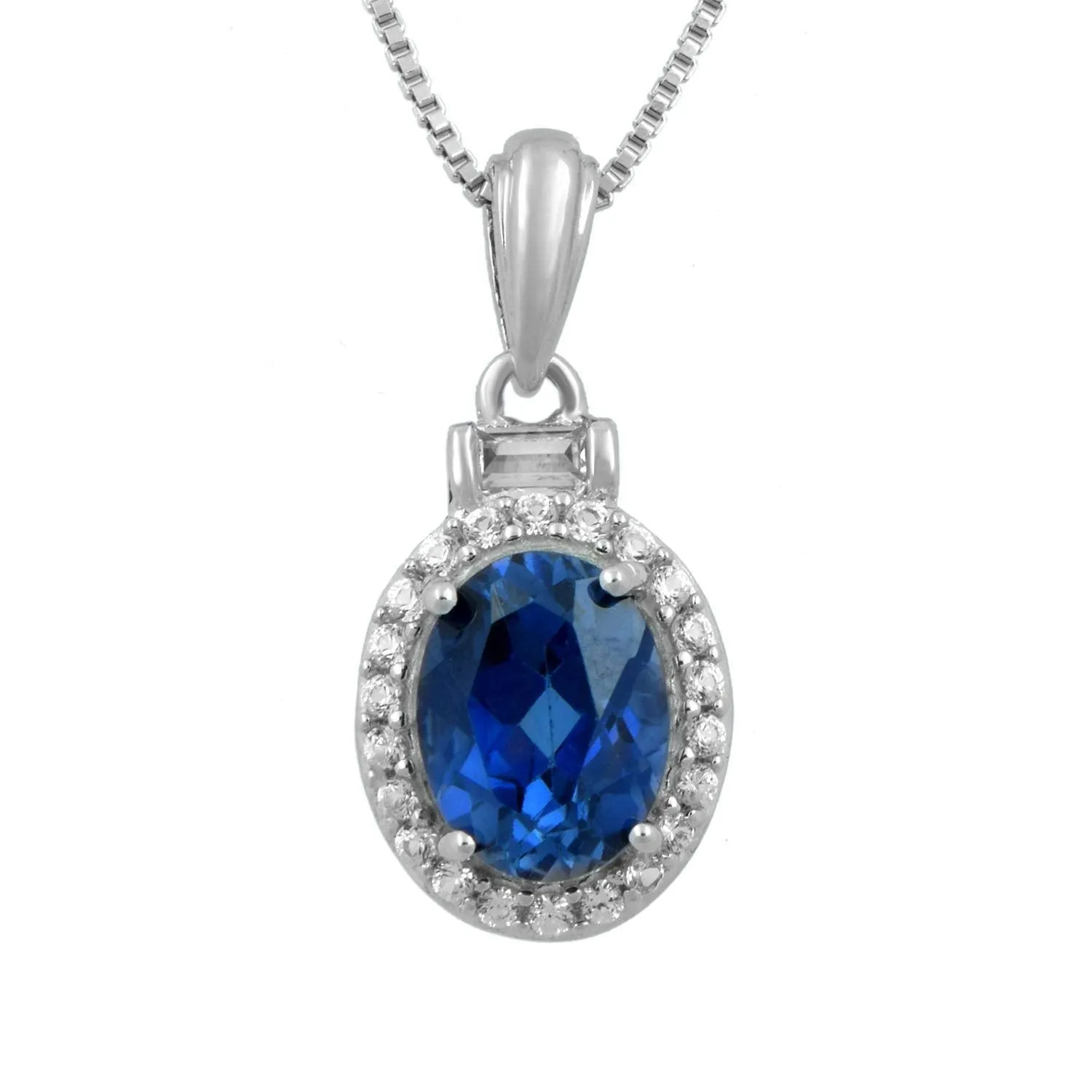 Jewelili Sterling Silver with 8x6MM 7x5MM and 6x5MM Oval Shape Created Ceylon Sapphire with Baguette and Round Created White Sapphire Bolo Bracelet Dangle Earrings and Pendant Necklace, 18" Box Chain
