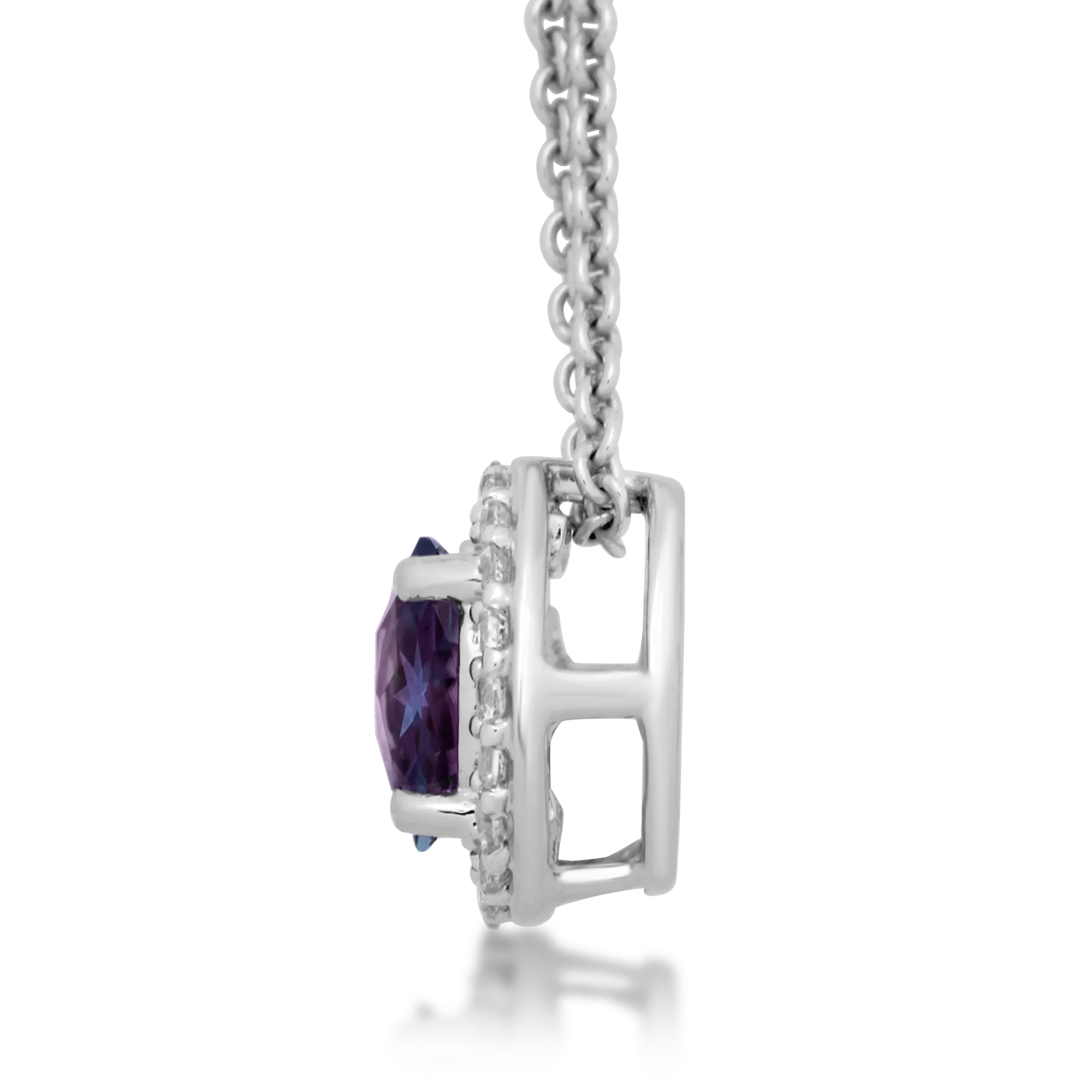 Jewelili Sterling Silver with Created Alexandrite and Created White Sapphire Halo Pendant Necklace