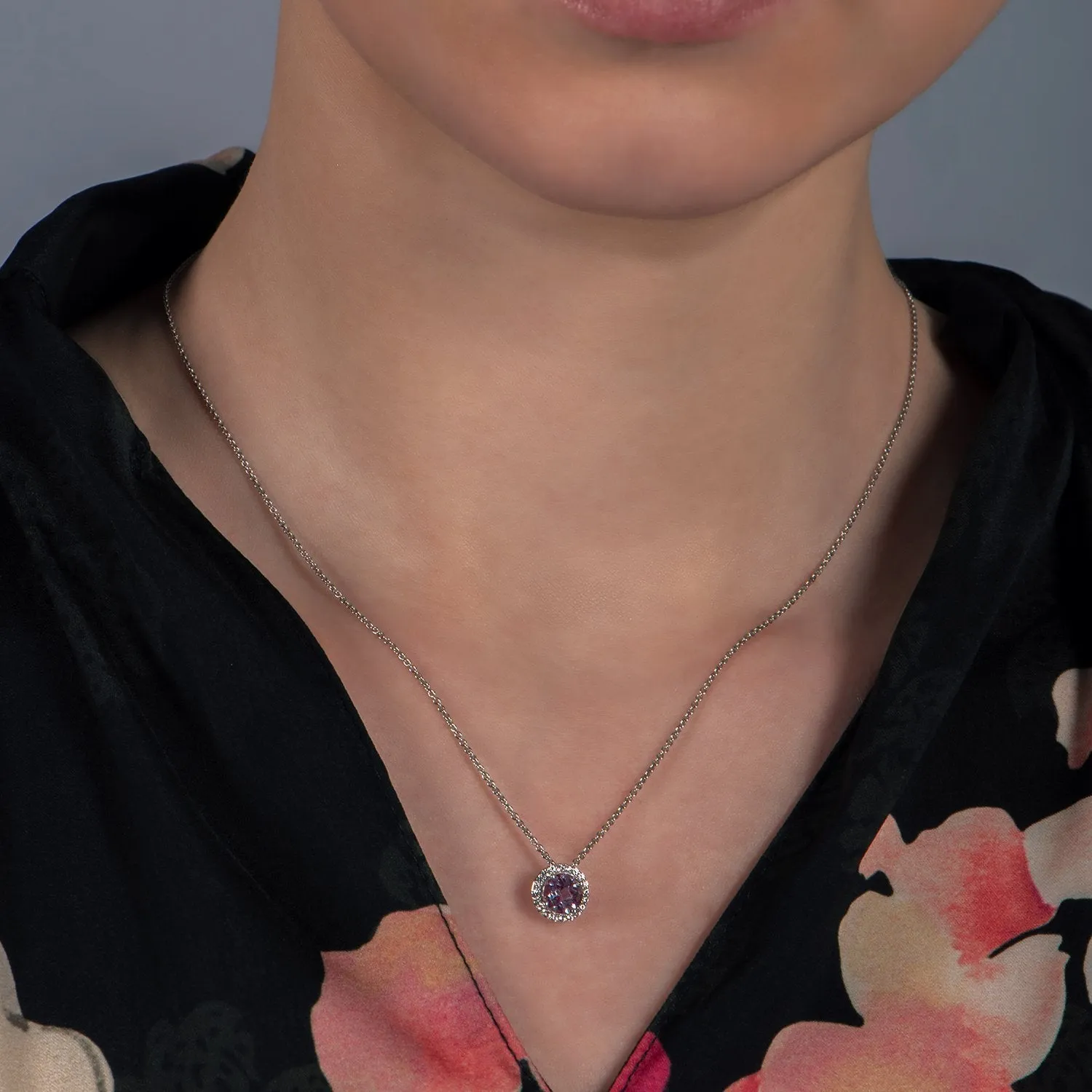 Jewelili Sterling Silver with Created Alexandrite and Created White Sapphire Halo Pendant Necklace