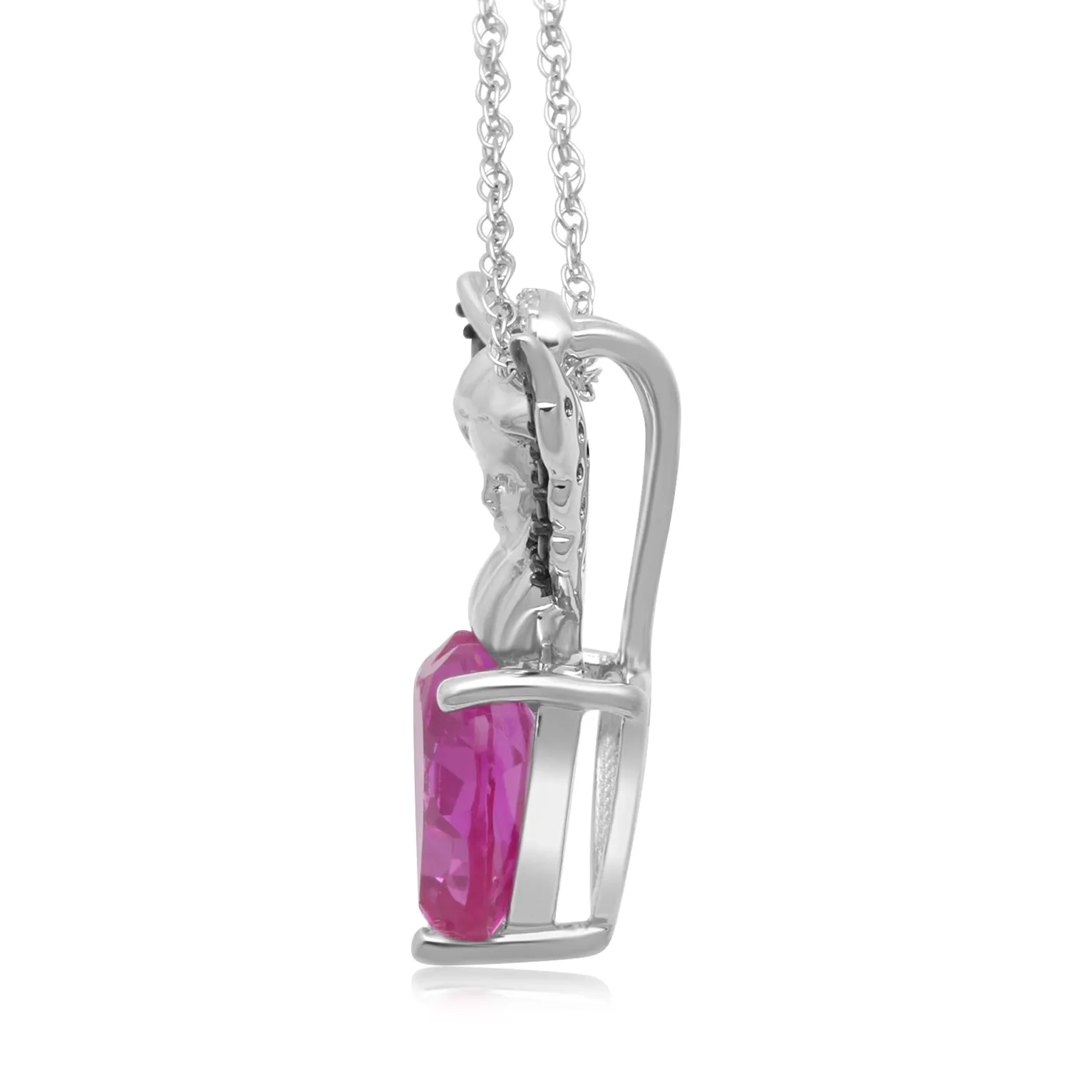 Jewelili Sterling Silver with Created Pink Sapphire with Treated Black and Natural White Diamonds Heart Angel Wing Pendant Necklace