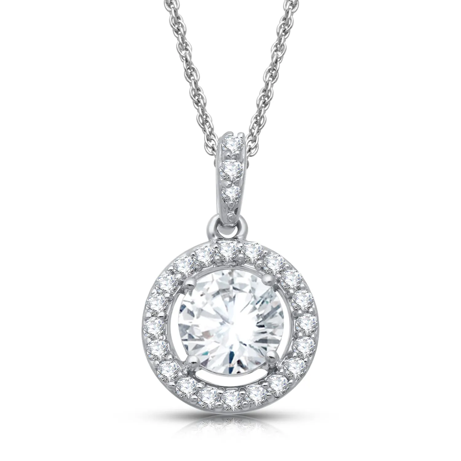 Jewelili Sterling Silver With Created White Sapphire Halo Pendant Necklace