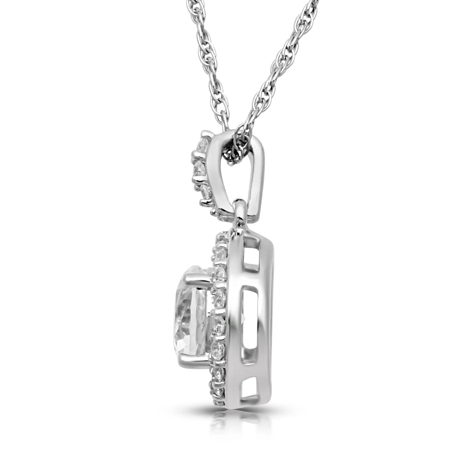 Jewelili Sterling Silver With Created White Sapphire Halo Pendant Necklace