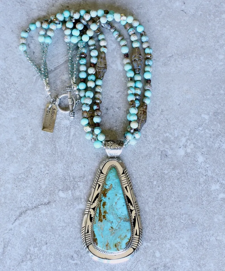 Kingman Turquoise and Sterling Silver 2-Layer Pendant with 3 Strands of Imperial Sea Sediment Jasper Rounds, Czech Glass and Sterling Silver