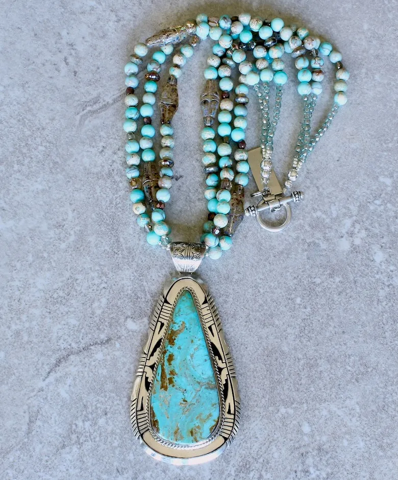 Kingman Turquoise and Sterling Silver 2-Layer Pendant with 3 Strands of Imperial Sea Sediment Jasper Rounds, Czech Glass and Sterling Silver