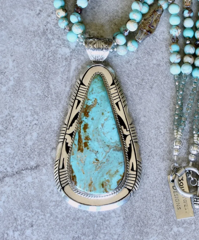 Kingman Turquoise and Sterling Silver 2-Layer Pendant with 3 Strands of Imperial Sea Sediment Jasper Rounds, Czech Glass and Sterling Silver