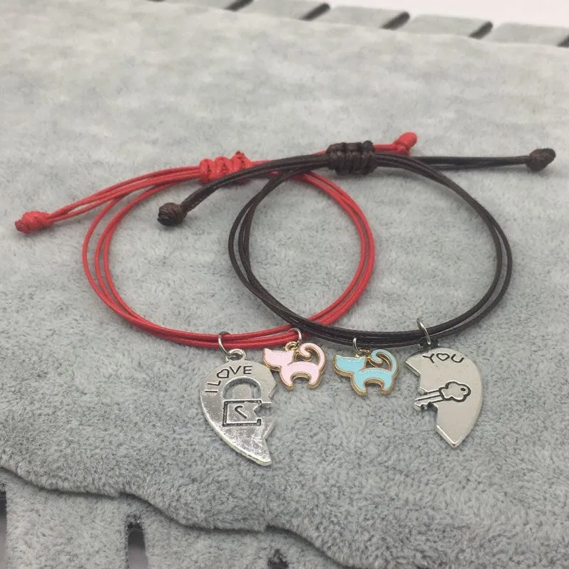 Kitten with Heart Couple Bracelet Set