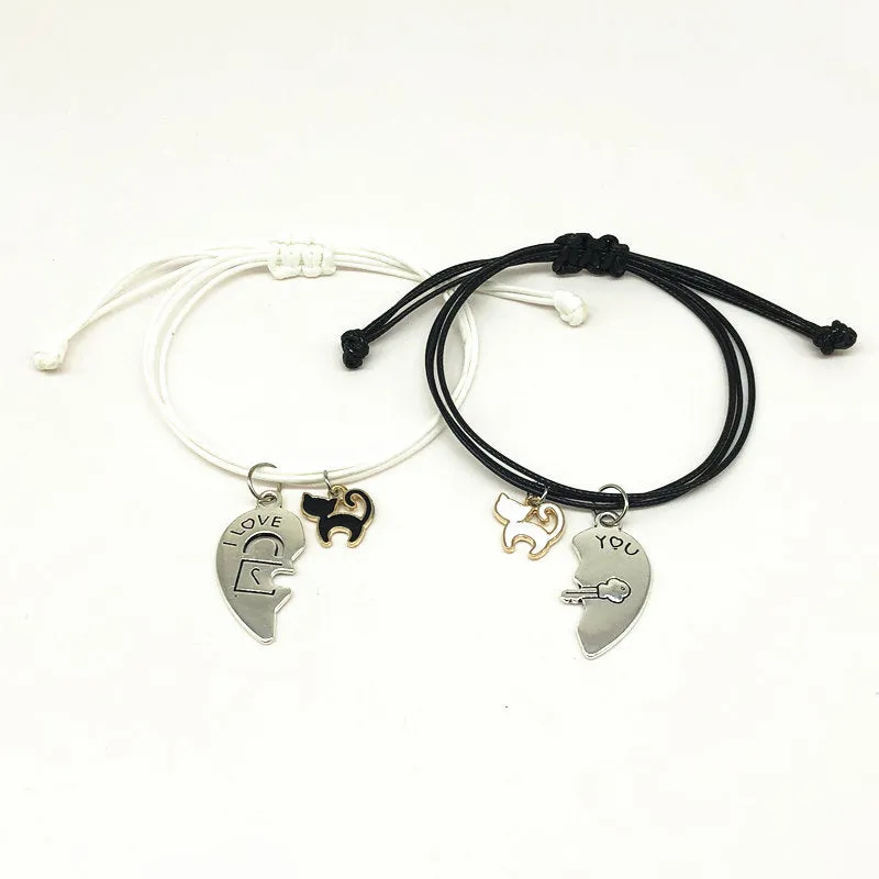 Kitten with Heart Couple Bracelet Set