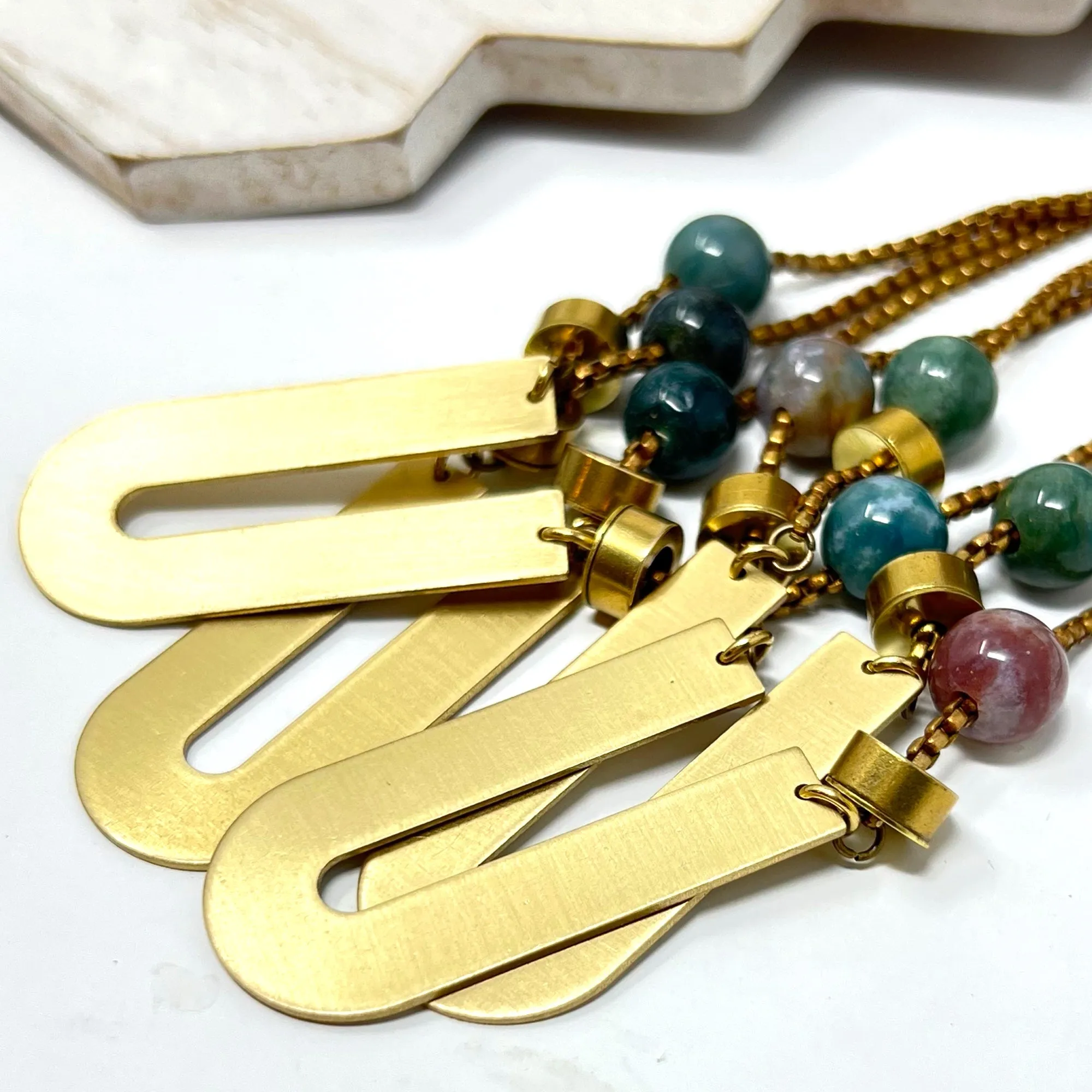 Large Brass Necklace With Green Beads and Vintage Chain