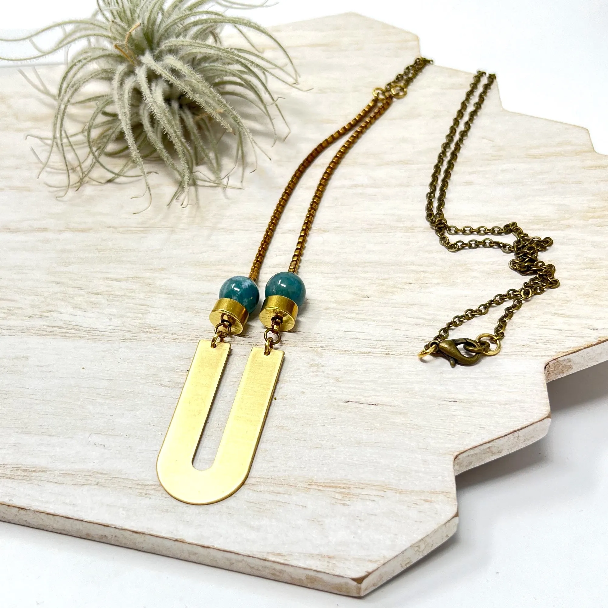 Large Brass Necklace With Green Beads and Vintage Chain
