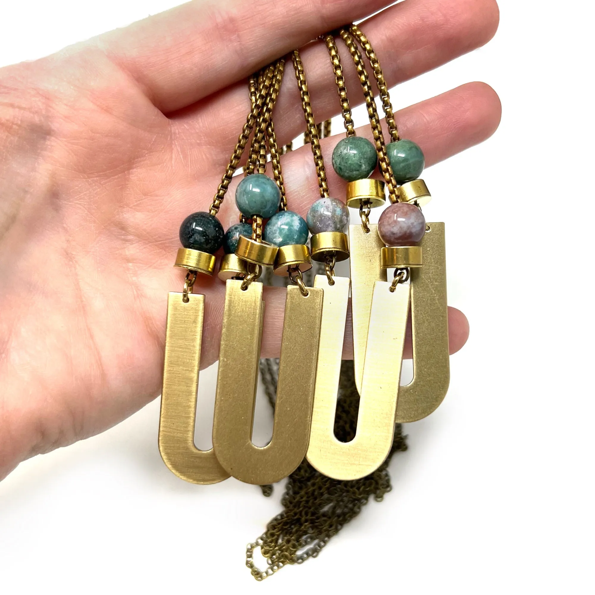 Large Brass Necklace With Green Beads and Vintage Chain