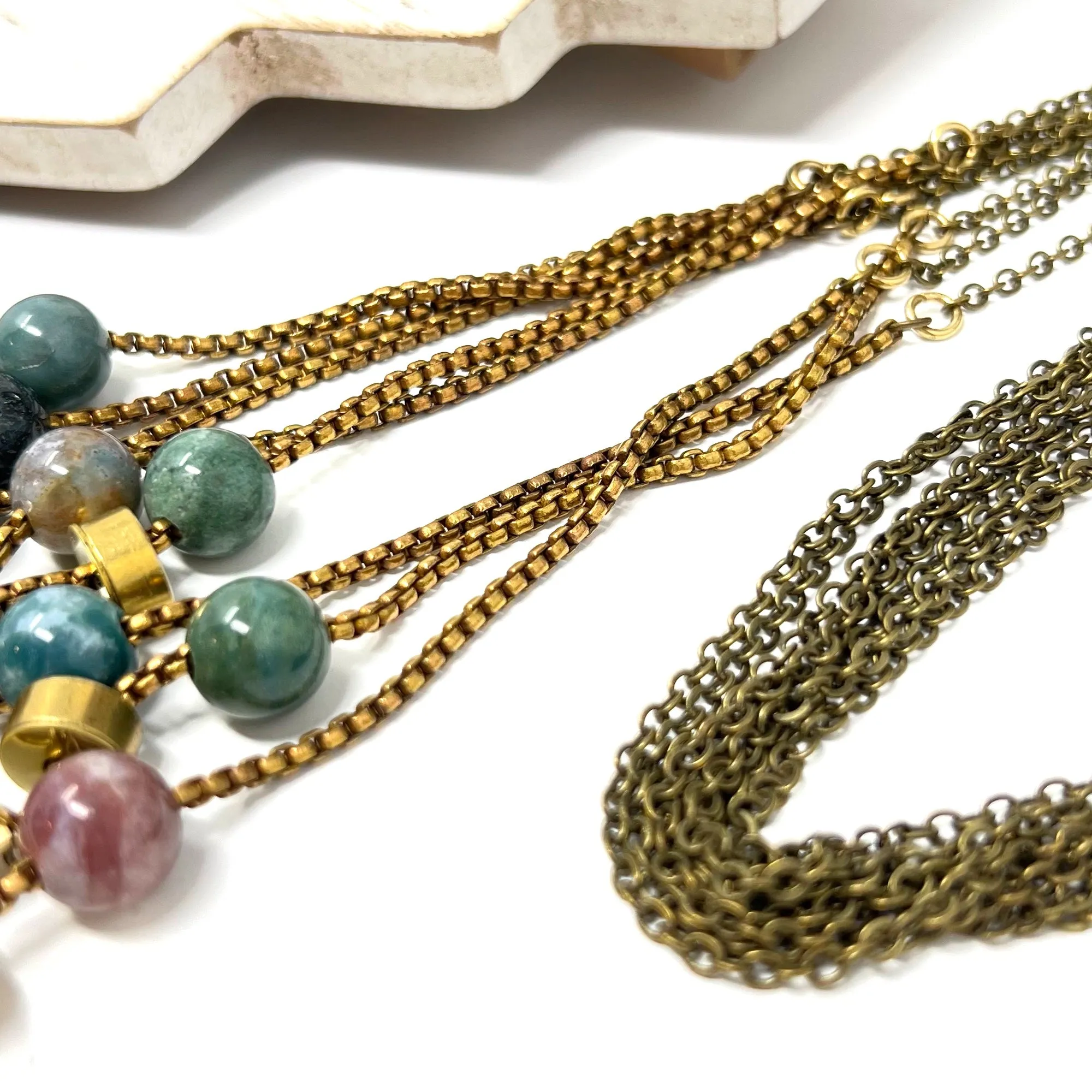 Large Brass Necklace With Green Beads and Vintage Chain