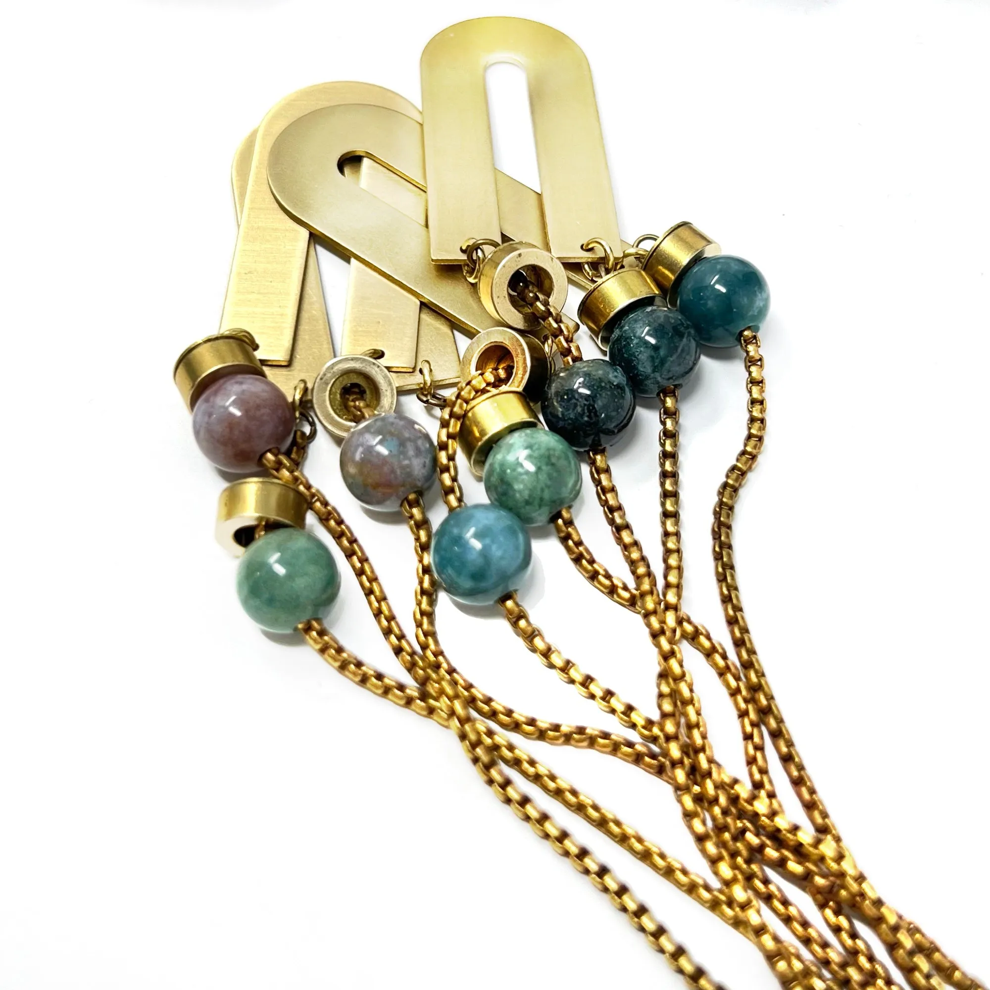 Large Brass Necklace With Green Beads and Vintage Chain