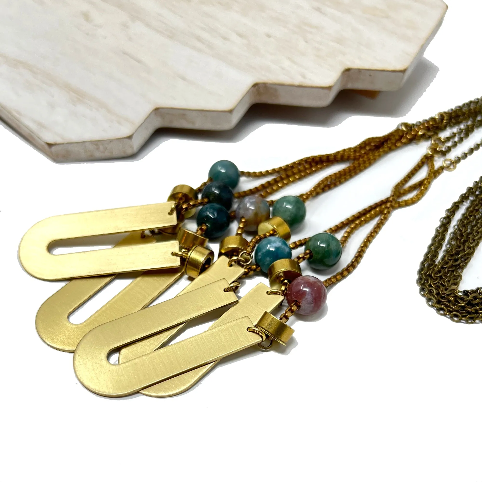 Large Brass Necklace With Green Beads and Vintage Chain