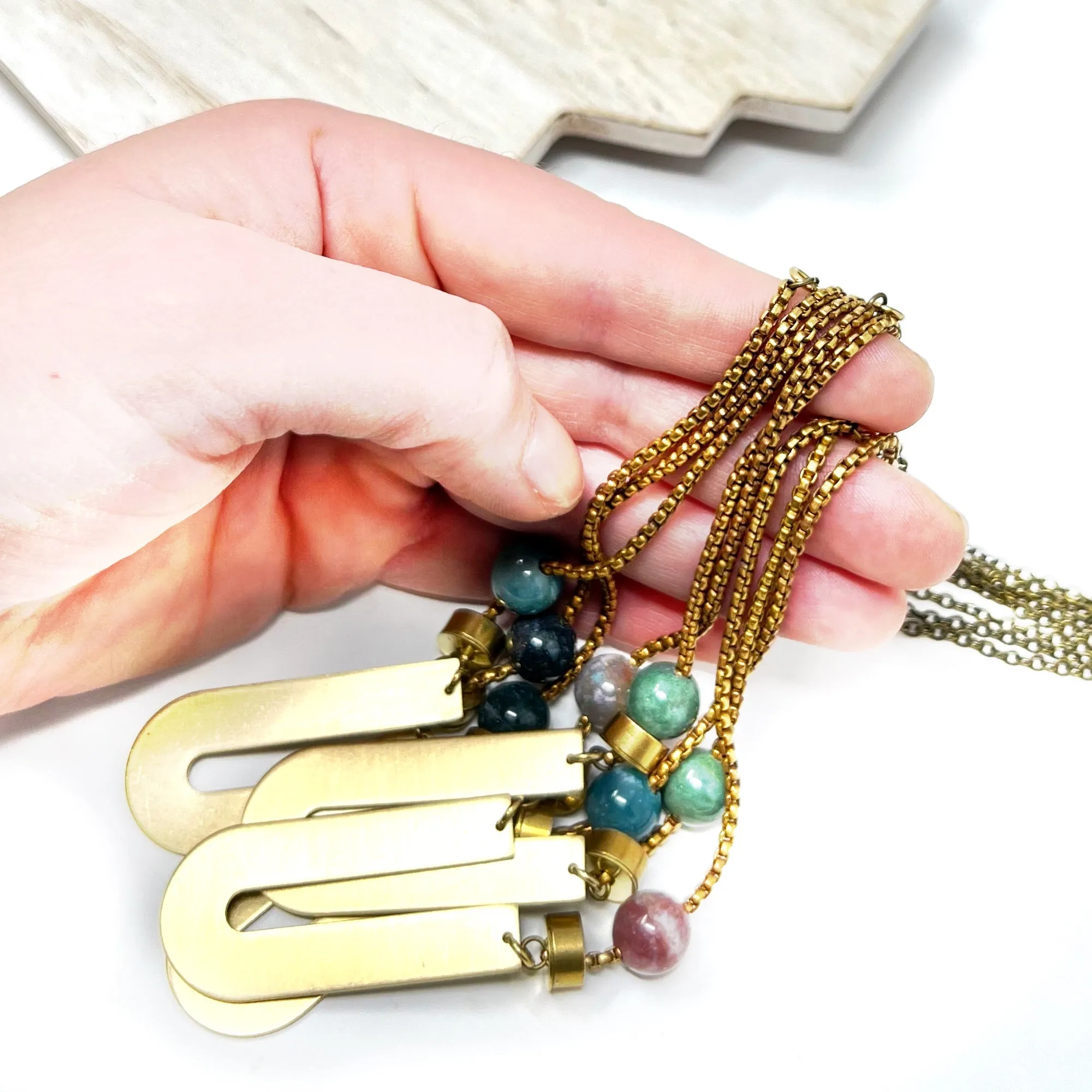 Large Brass Necklace With Green Beads and Vintage Chain