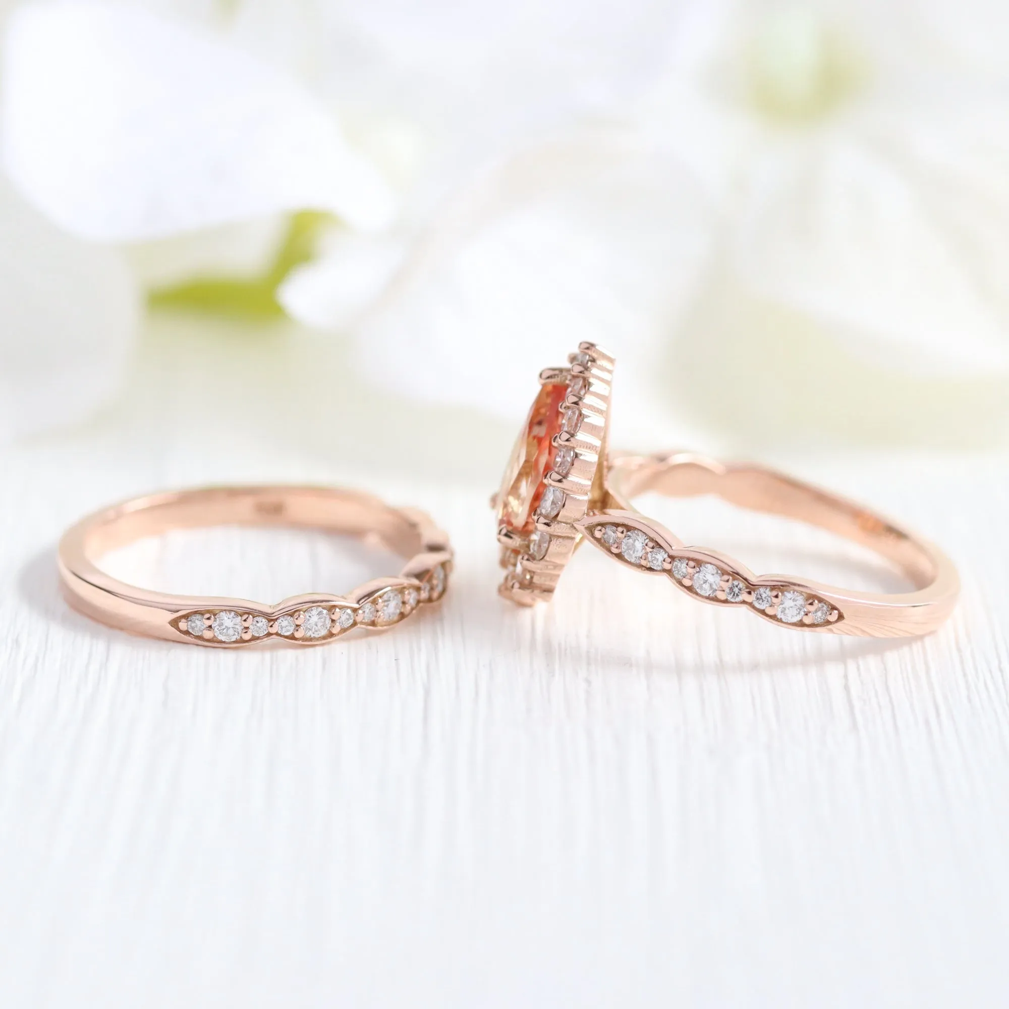 Large Tiara Halo Pear Ring Set w/ Champagne Peach Sapphire and Diamond