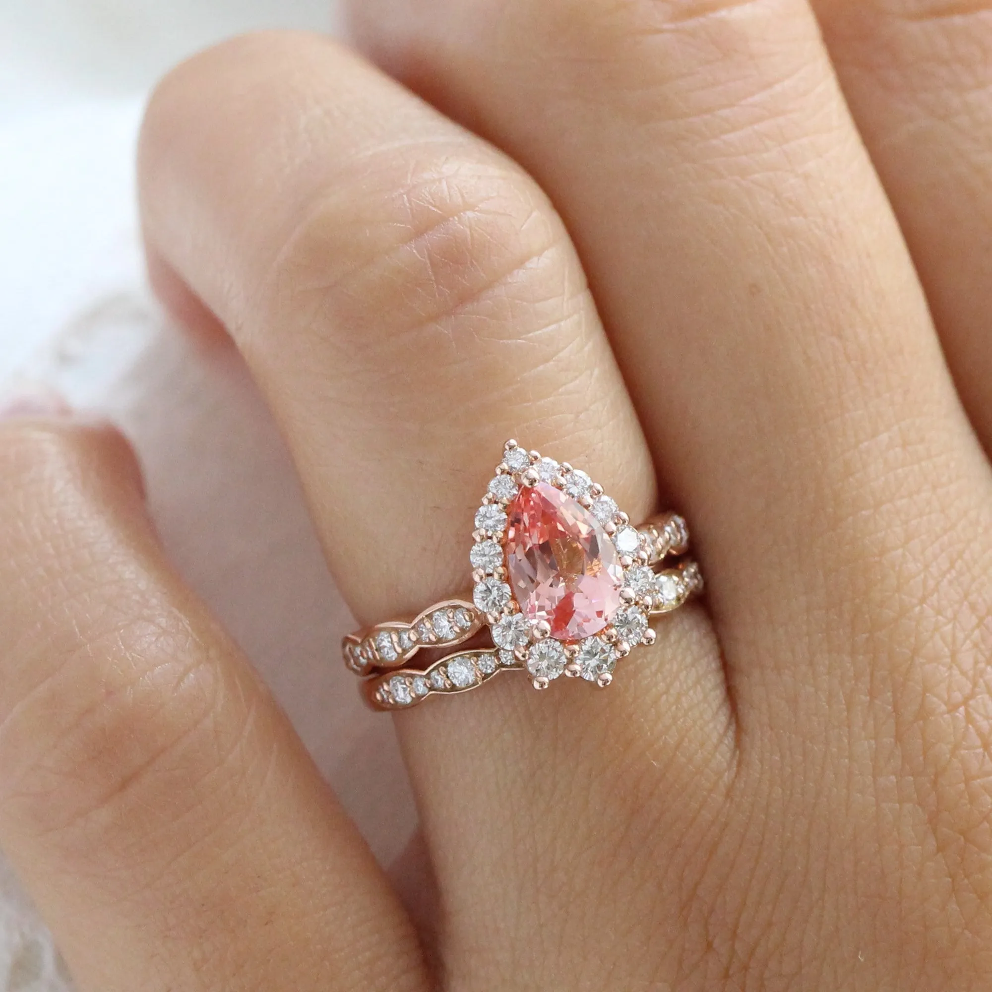 Large Tiara Halo Pear Ring Set w/ Champagne Peach Sapphire and Diamond