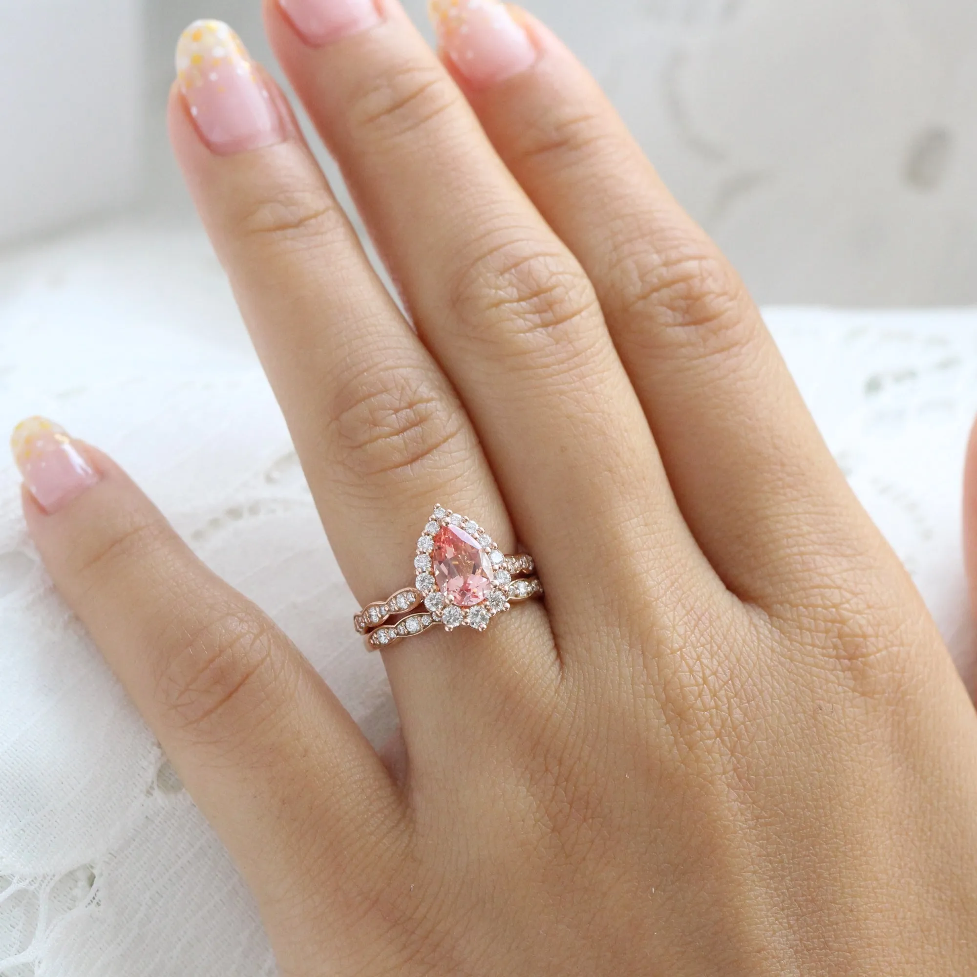 Large Tiara Halo Pear Ring Set w/ Champagne Peach Sapphire and Diamond