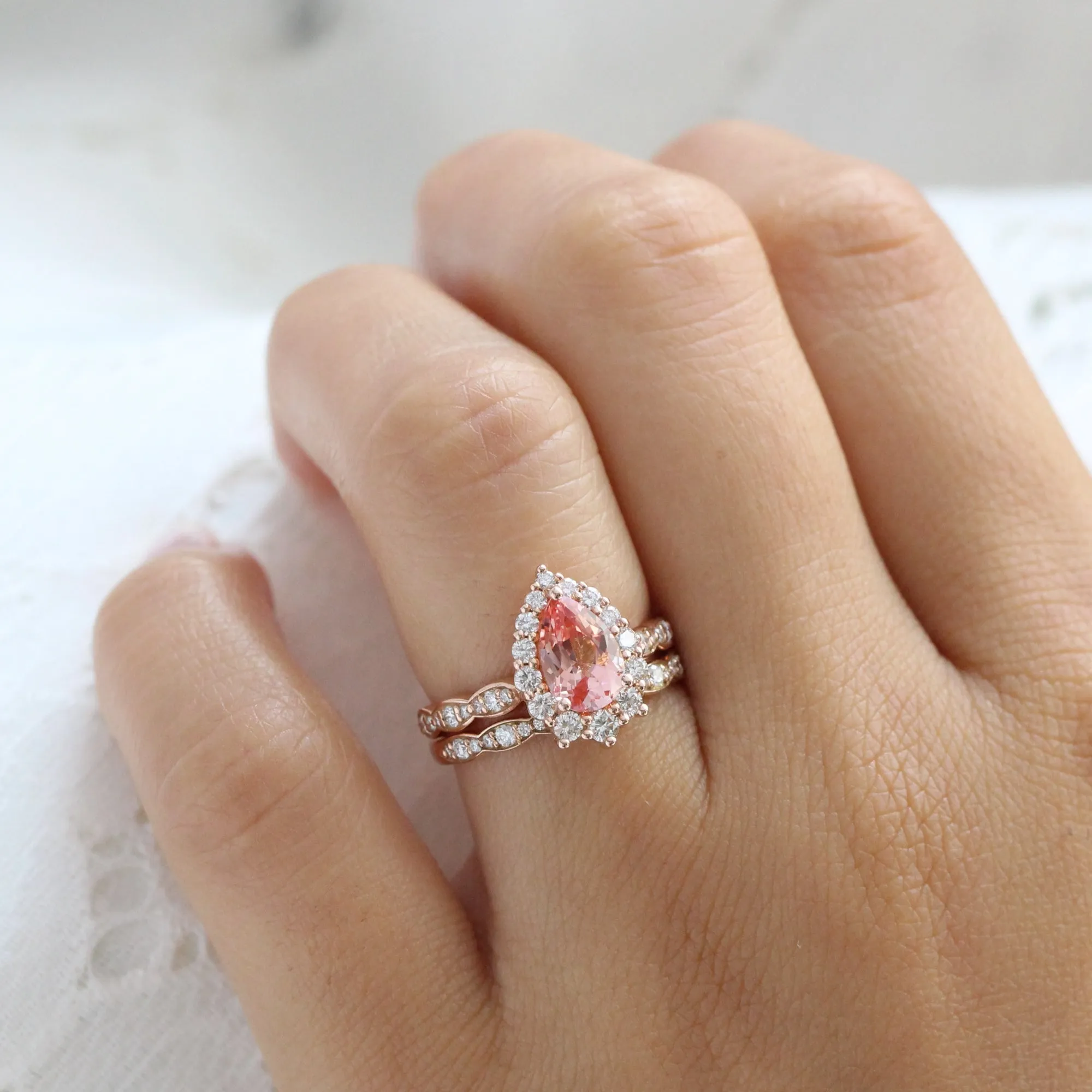 Large Tiara Halo Pear Ring Set w/ Champagne Peach Sapphire and Diamond
