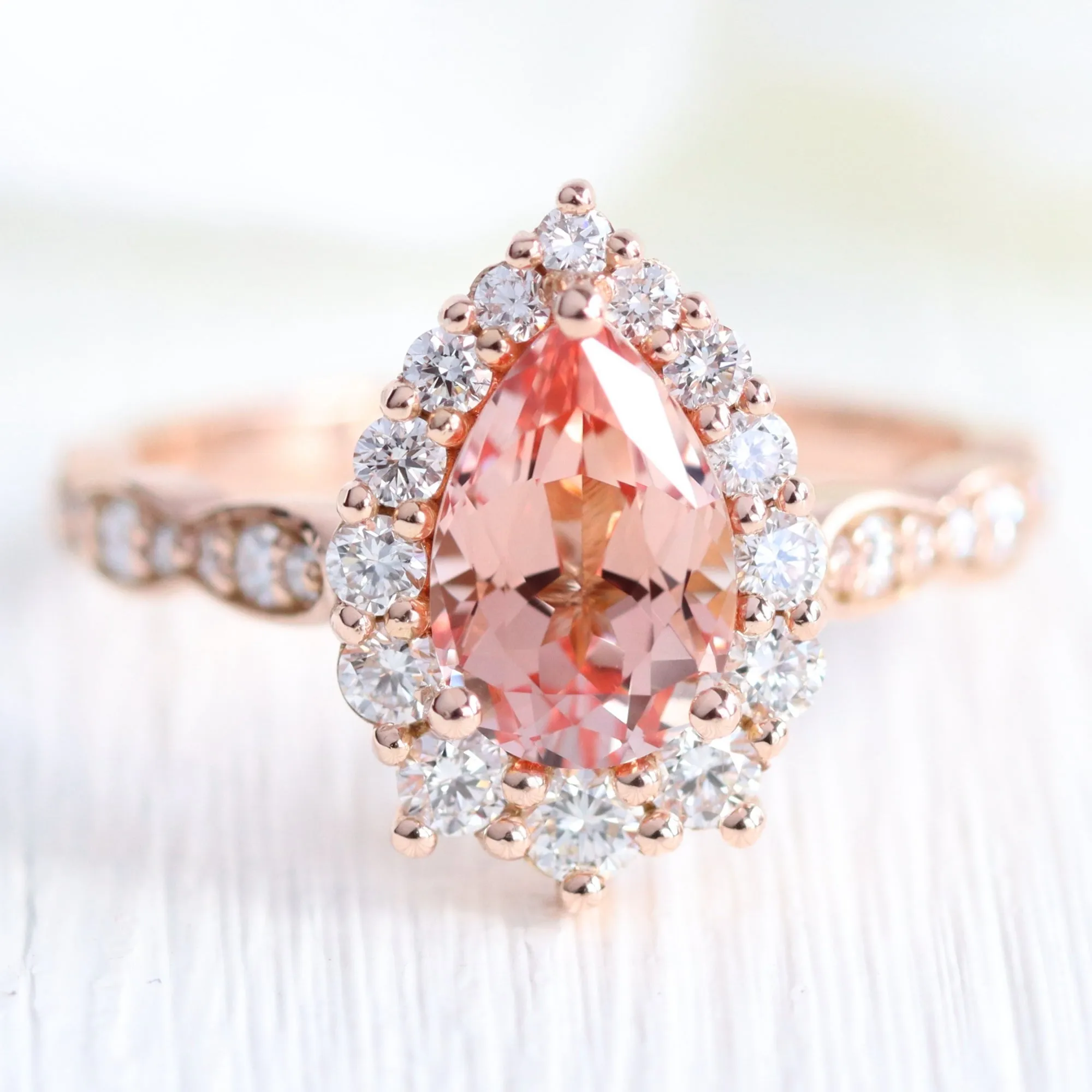 Large Tiara Halo Pear Ring Set w/ Champagne Peach Sapphire and Diamond