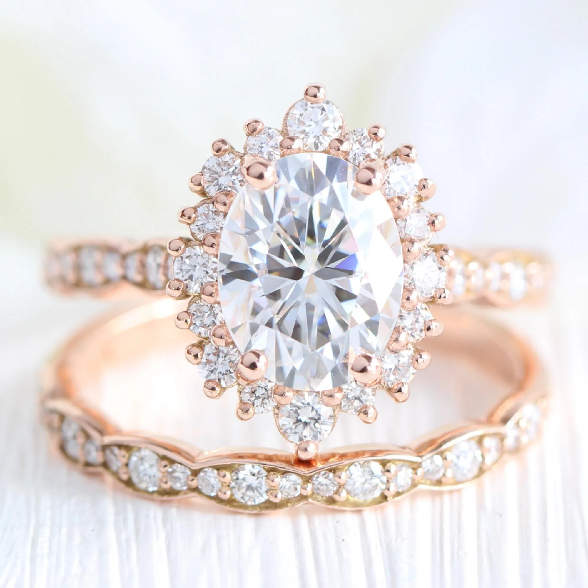 Large Tiara Halo Scalloped Ring Set w/ Oval Moissanite and Matching Diamond Band