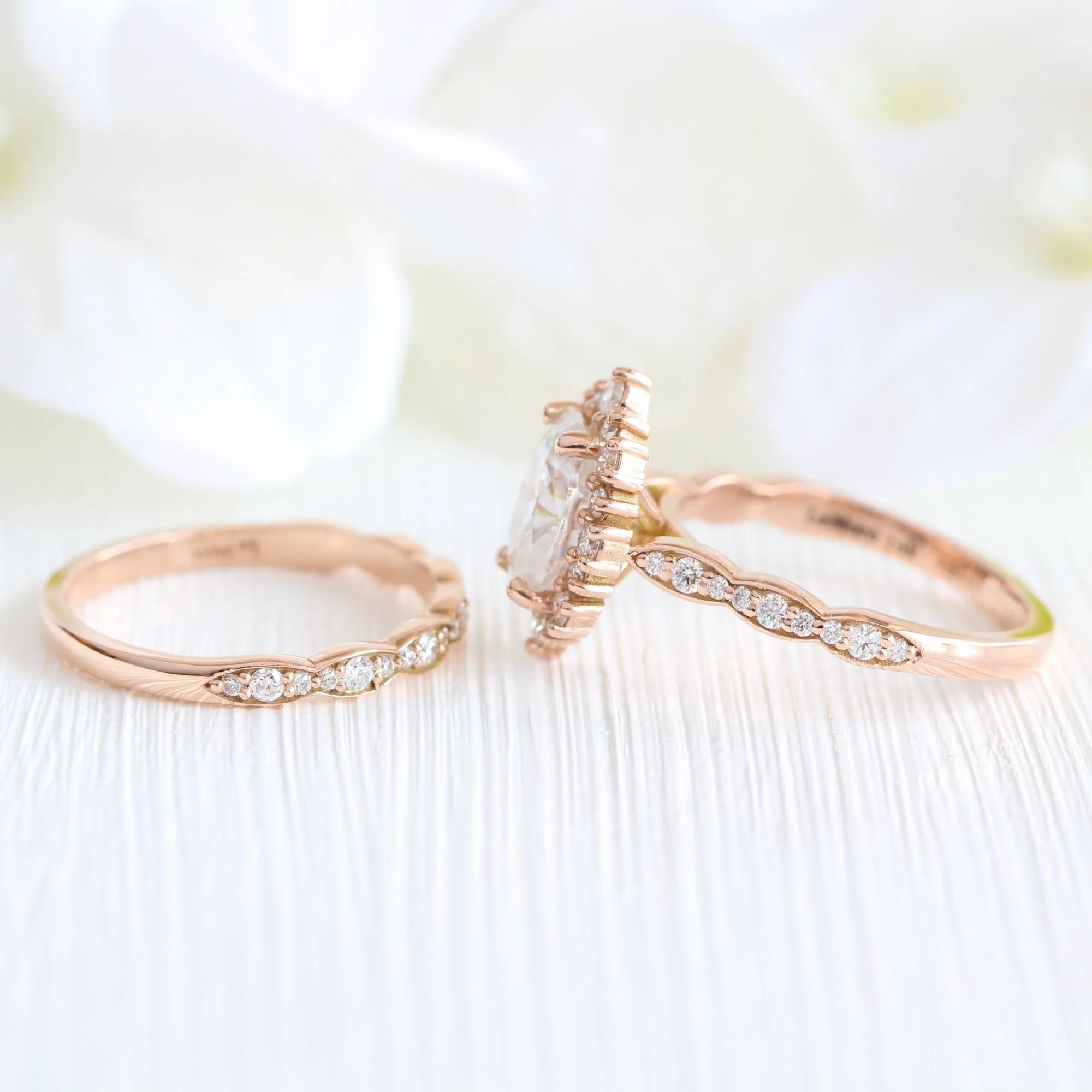 Large Tiara Halo Scalloped Ring Set w/ Oval Moissanite and Matching Diamond Band