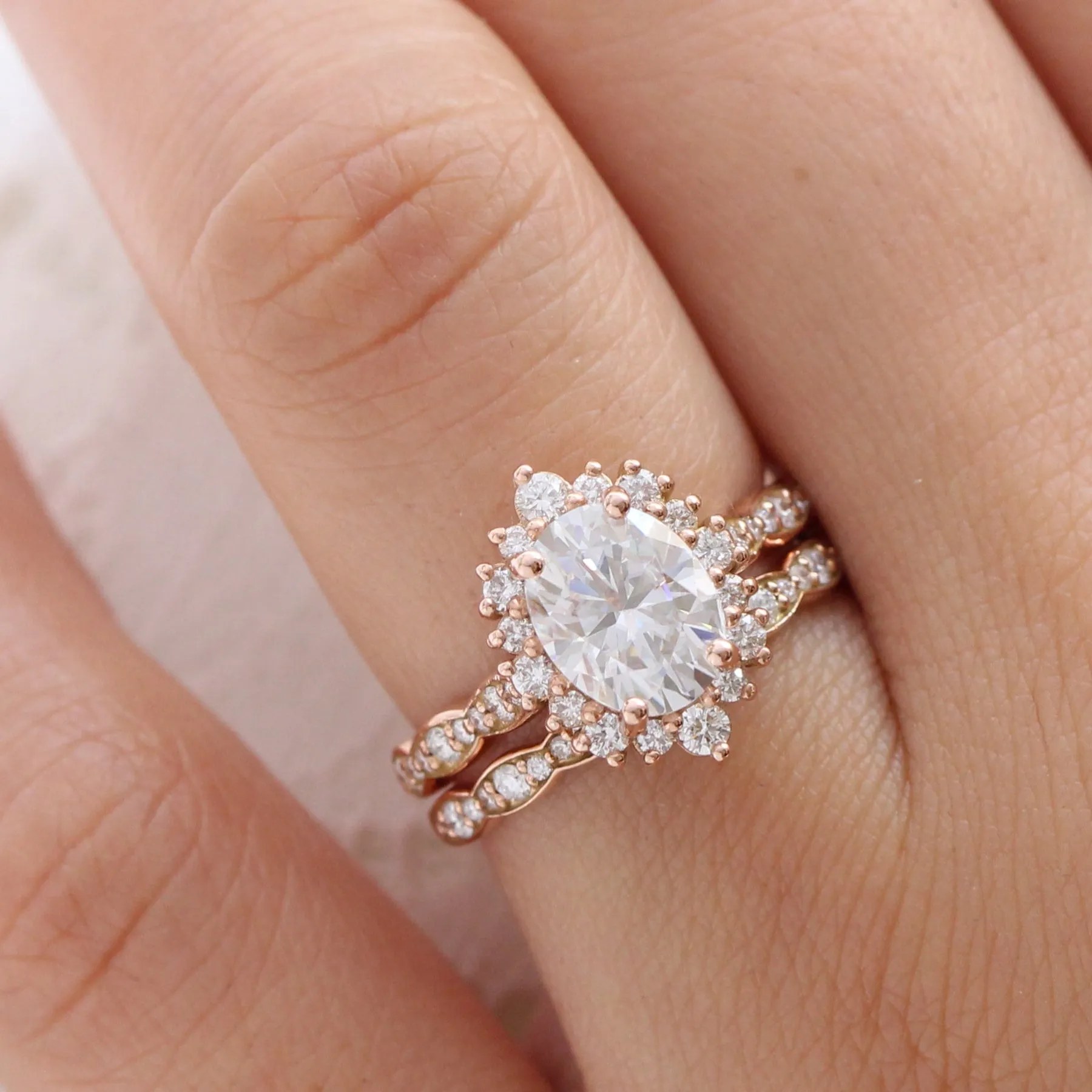 Large Tiara Halo Scalloped Ring Set w/ Oval Moissanite and Matching Diamond Band