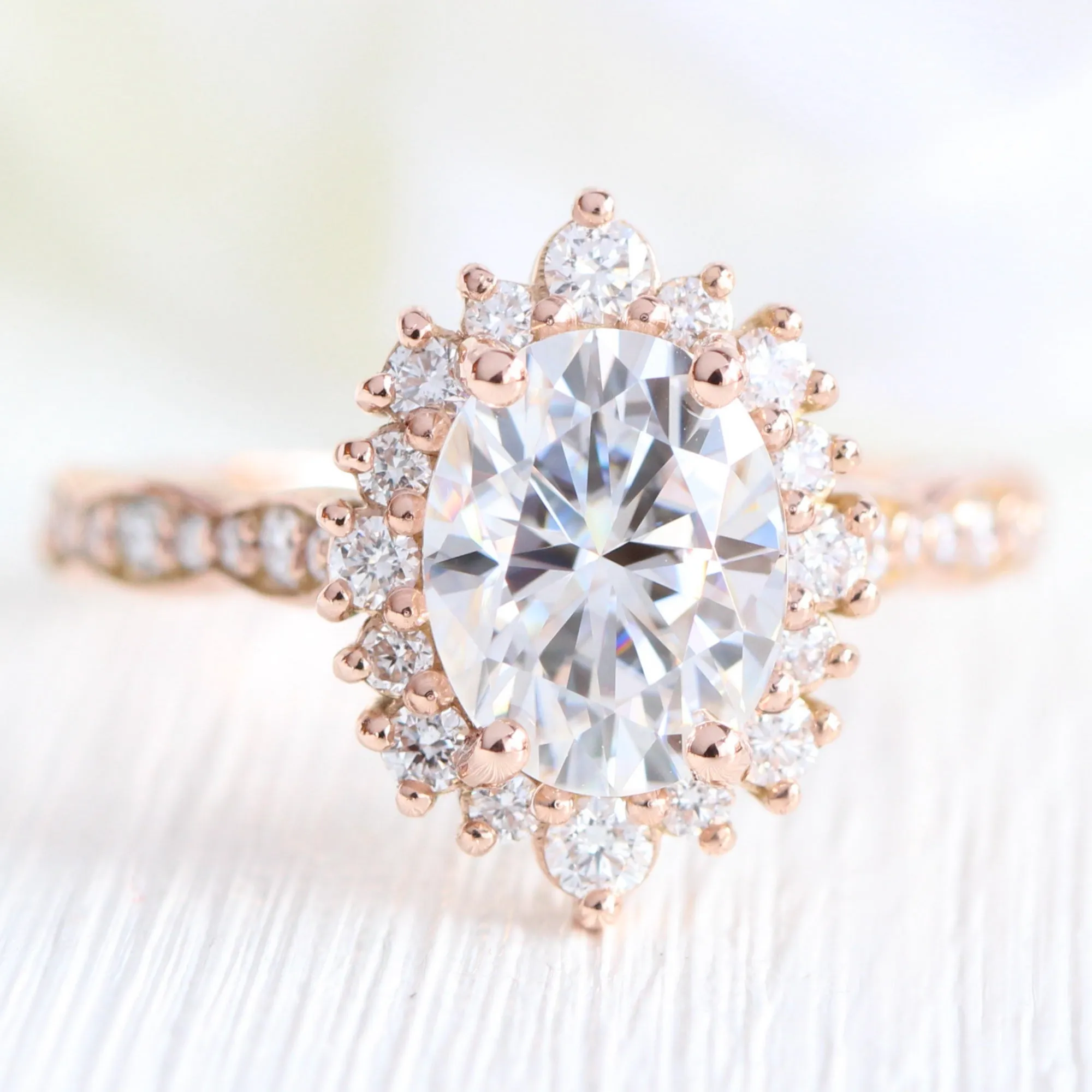 Large Tiara Halo Scalloped Ring Set w/ Oval Moissanite and Matching Diamond Band