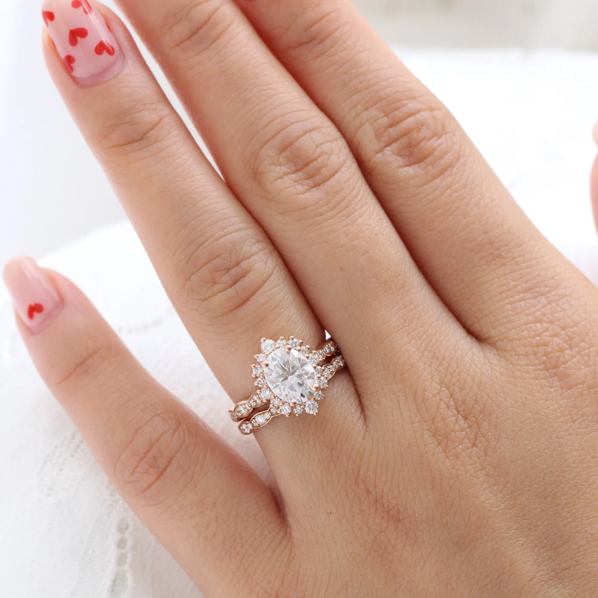Large Tiara Halo Scalloped Ring Set w/ Oval Moissanite and Matching Diamond Band