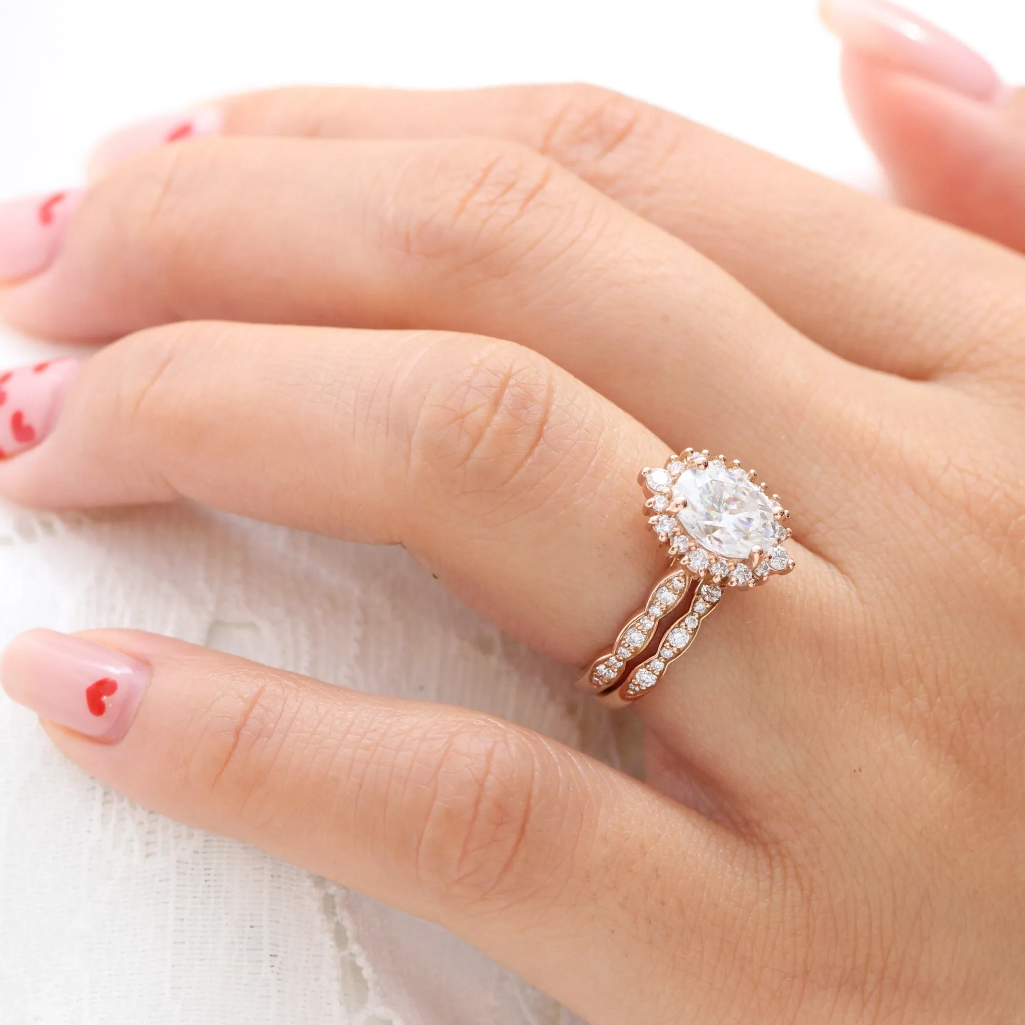 Large Tiara Halo Scalloped Ring Set w/ Oval Moissanite and Matching Diamond Band
