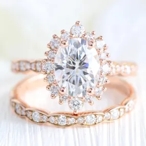 Large Tiara Halo Scalloped Ring Set w/ Oval Moissanite and Matching Diamond Band