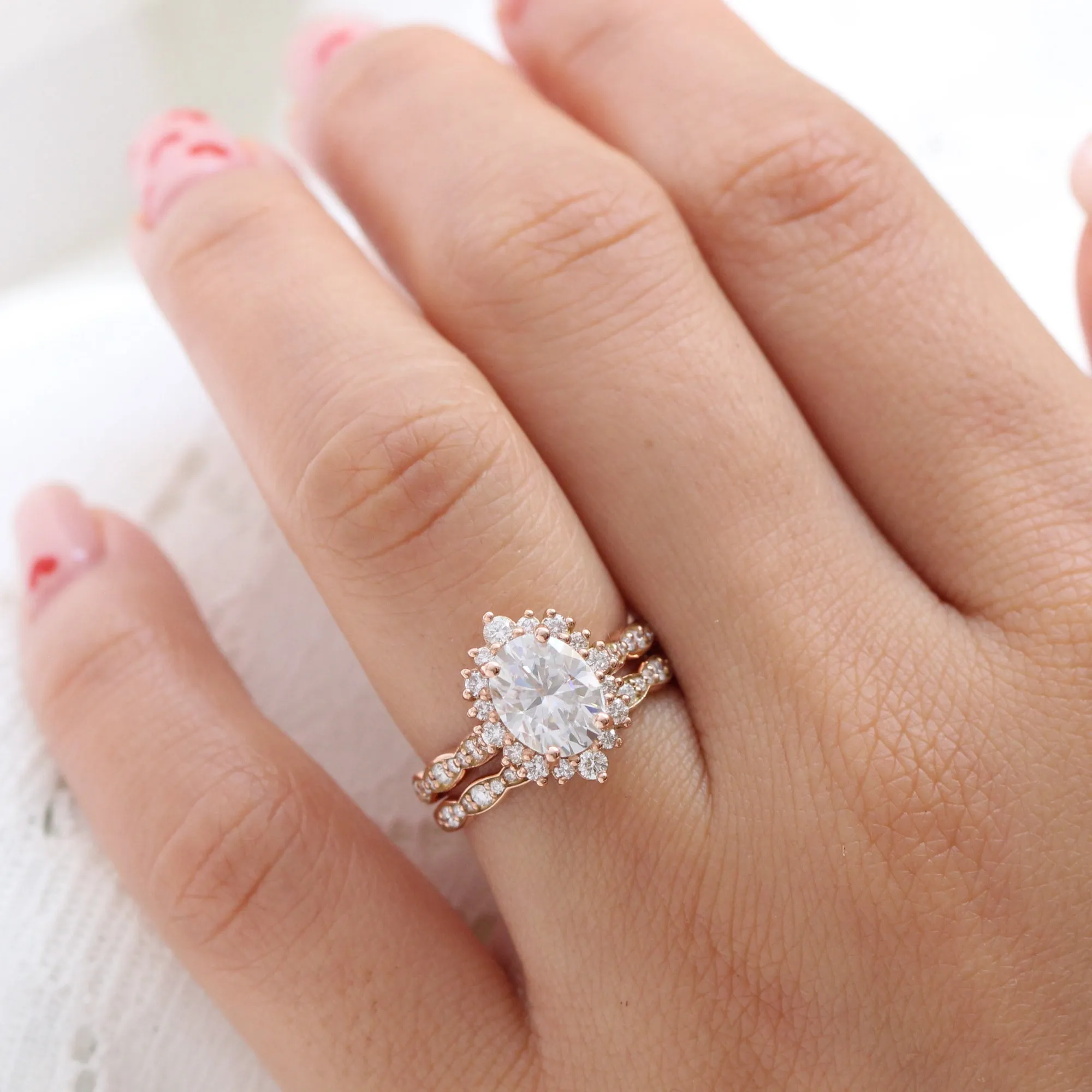 Large Tiara Halo Scalloped Ring Set w/ Oval Moissanite and Matching Diamond Band