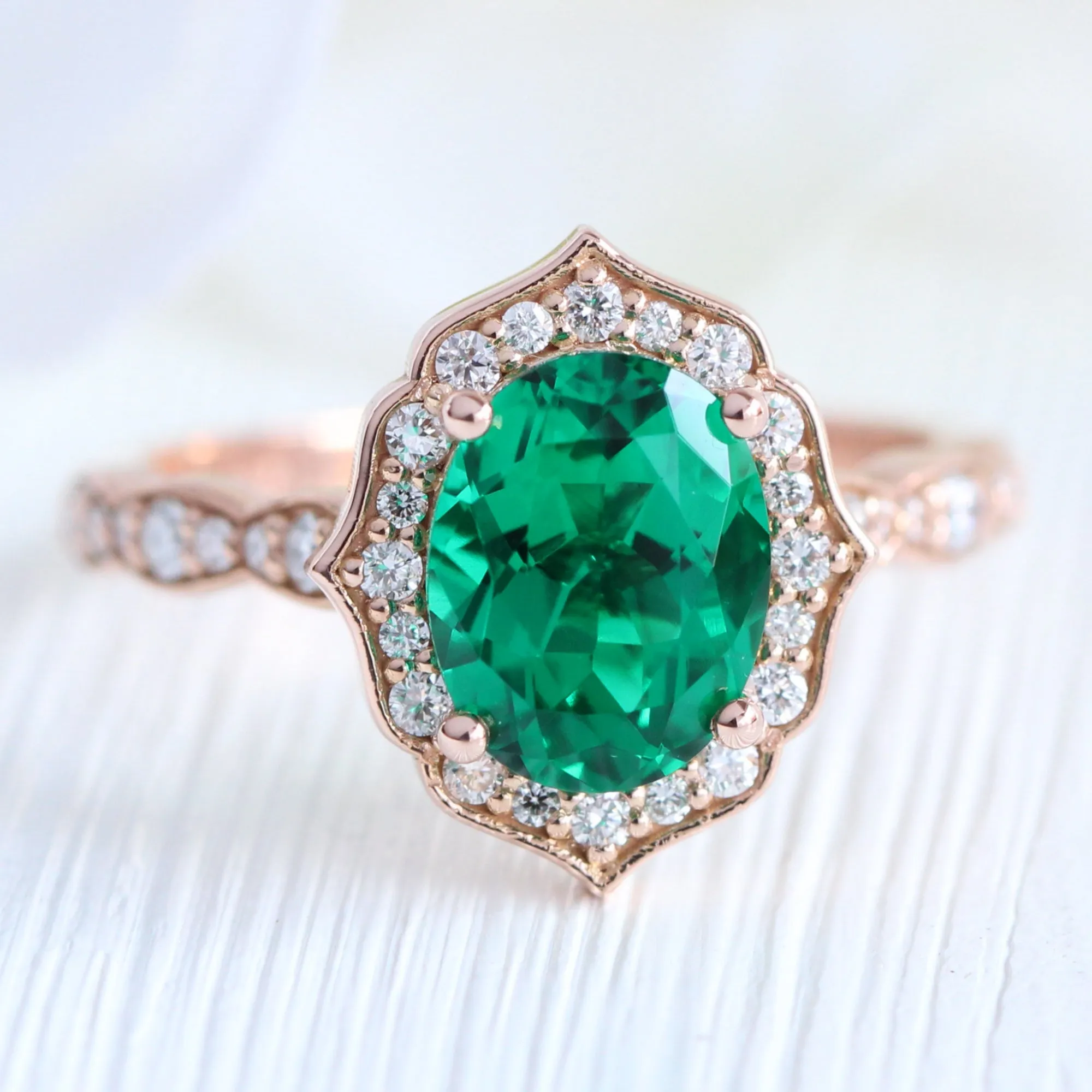 Large Vintage Floral Oval Ring Set w/ Emerald and Diamond in Scalloped Band