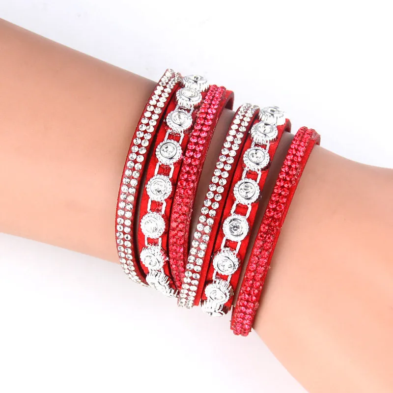 Leather multi-layer rhinestone bracelet