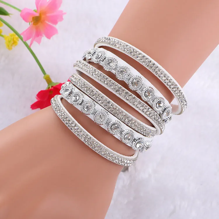 Leather multi-layer rhinestone bracelet