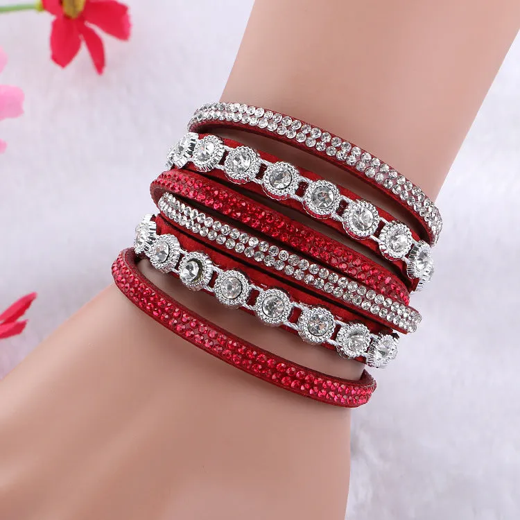 Leather multi-layer rhinestone bracelet