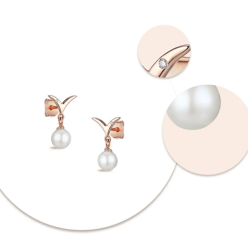 Letter V with Pearl Silver Drop Earrings for Women
