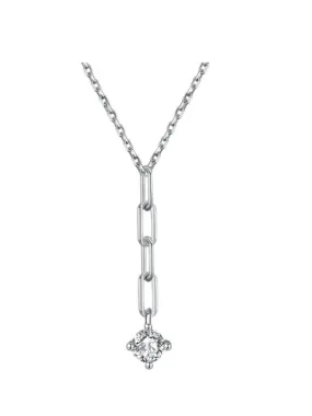 Link Lariat Necklace, Dangle Zircon Dainty .925 Sterling Silver Necklace