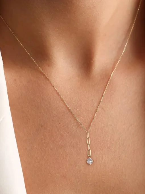 Link Lariat Necklace, Dangle Zircon Dainty .925 Sterling Silver Necklace