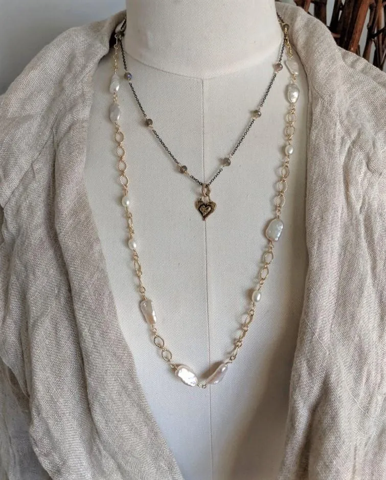 Long Baroque Pearl & Chain Necklace