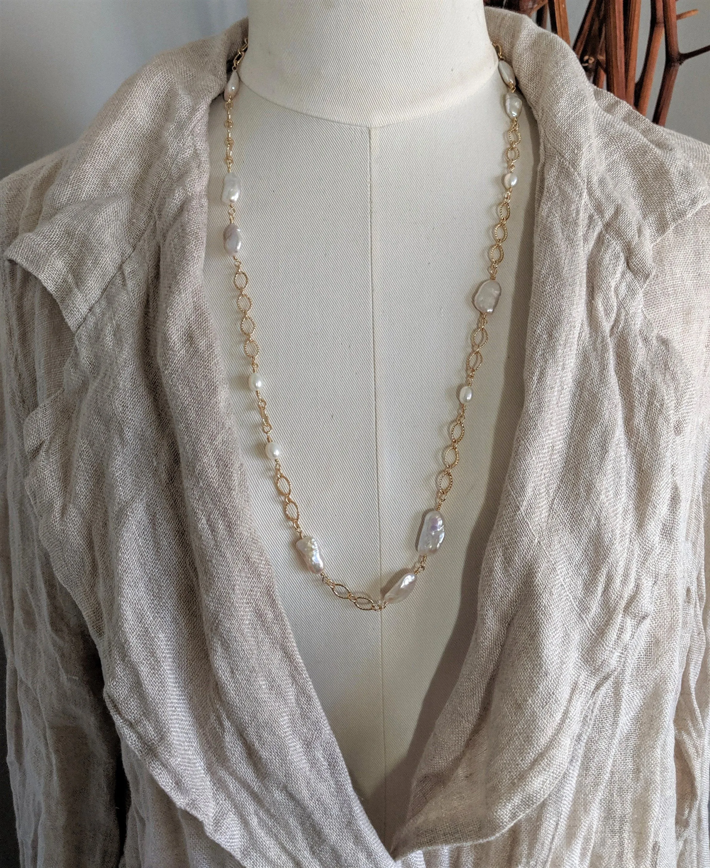 Long Baroque Pearl & Chain Necklace